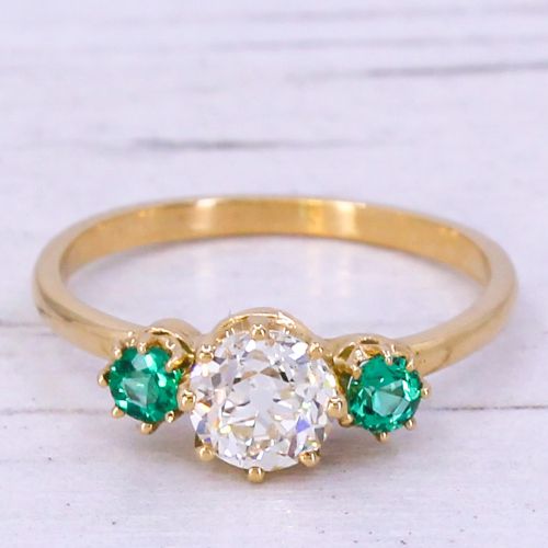 fig 2. Art Deco 0.65 Carat Old Cut Diamond & 0.20 Carat Emerald Trilogy Ring, circa 1920