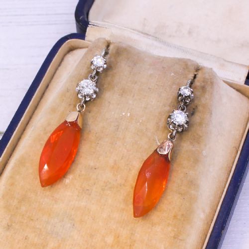 Mid Century 5.40 Carat Fire Opal & Diamond Drop Earrings, Circa 1965