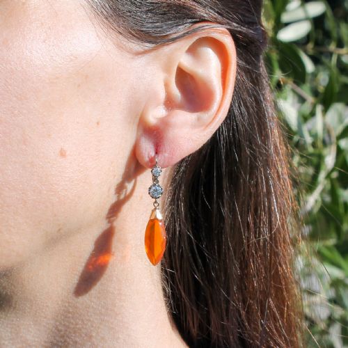 fig 1. Mid Century 5.40 Carat Fire Opal & Diamond Drop Earrings, circa 1965