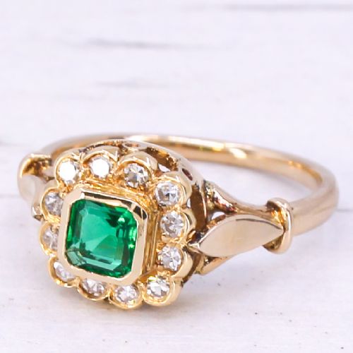 Art Deco 0.46 Carat No Oil Colombian Emerald & Diamond Cluster Ring, Circa 1935