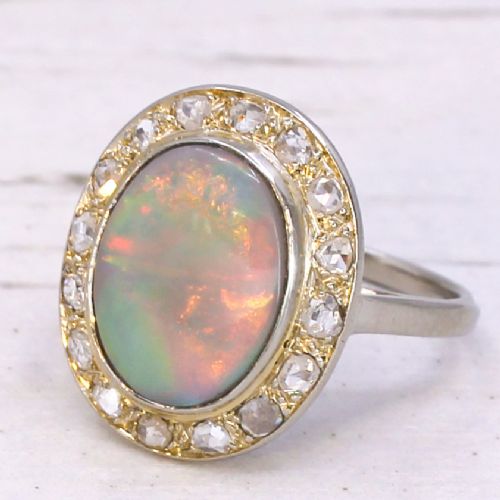 Mid Century 1.80 Carat Black Opal & Rose Cut Diamond Cluster Ring, Circa 1950