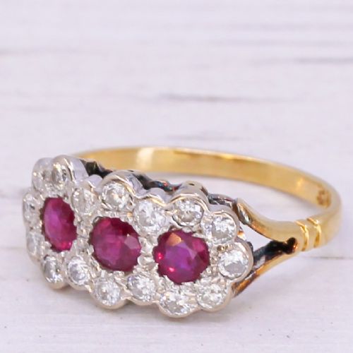 Mid Century 0.72 Carat Ruby & 0.52 Carat Diamond Triple Cluster Ring