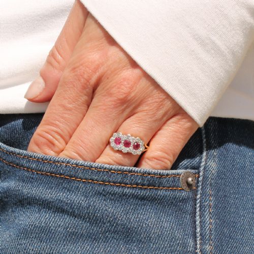 fig 1. Mid Century 0.72 Carat Ruby & 0.52 Carat Diamond Triple Cluster Ring