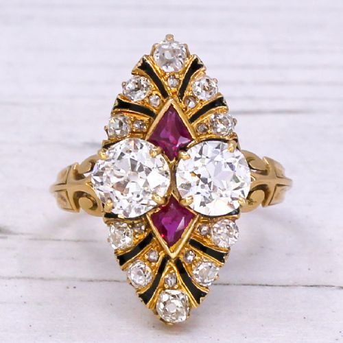 fig 2. Edwardian 2.03 Carat Old Cut Diamond & Ruby Navette Cluster Ring, circa 1910