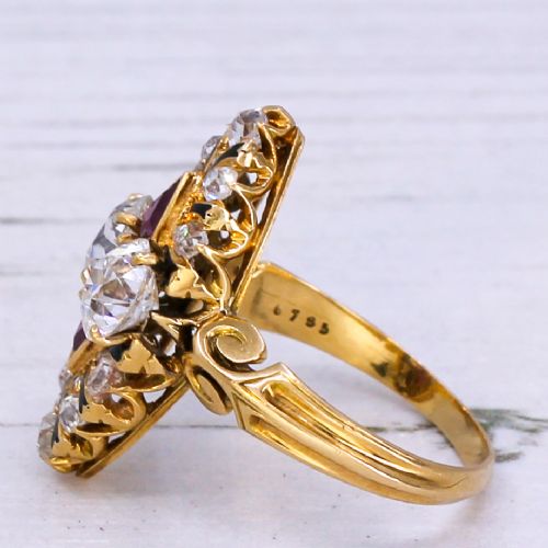 fig 3. Edwardian 2.03 Carat Old Cut Diamond & Ruby Navette Cluster Ring, circa 1910