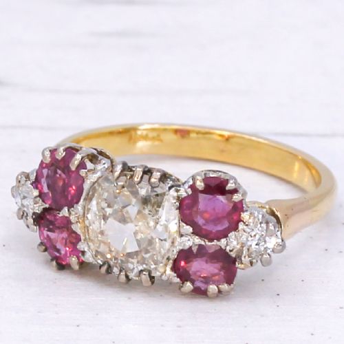 Edwardian 1.25 Carat Old Cut Diamond & Ruby Cluster Ring, Circa 1905