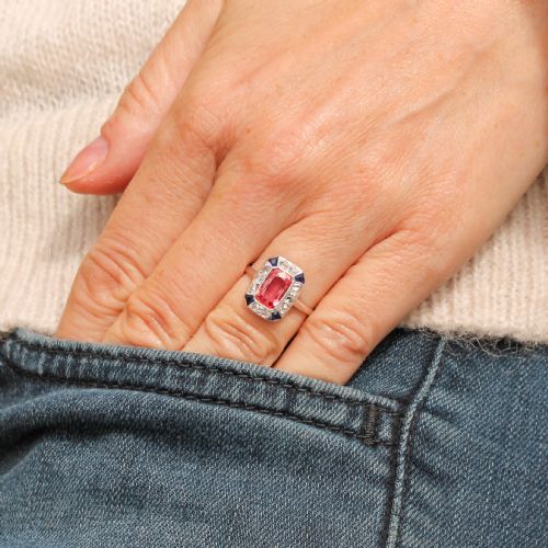 fig 1. Mid Century 1.33 Carat Padparadscha Sapphire Cluster Ring, circa 1955