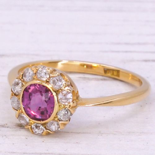 Art Deco 0.70 Carat Natural Ruby & Old Cut Diamond Cluster Ring, Circa 1920