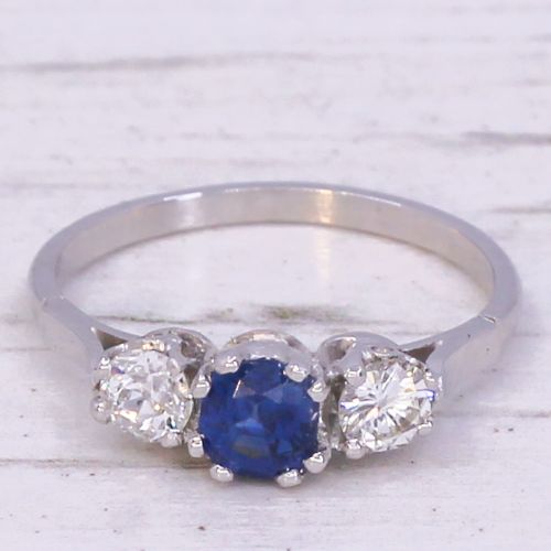fig 2. Art Deco 0.54 Carat Natural Sapphire & Old Cut Diamond Trilogy Ring, circa 1930