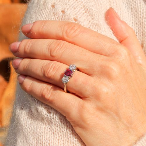 fig 1. Art Deco 0.70 Carat Natural Ruby & 1.00 Carat Diamond Trilogy Ring, circa 1920