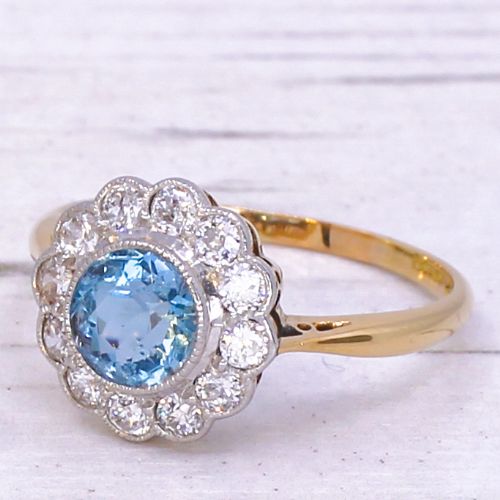 Art Deco 0.84 Carat Aquamarine & Diamond Cluster Ring, Circa 1925