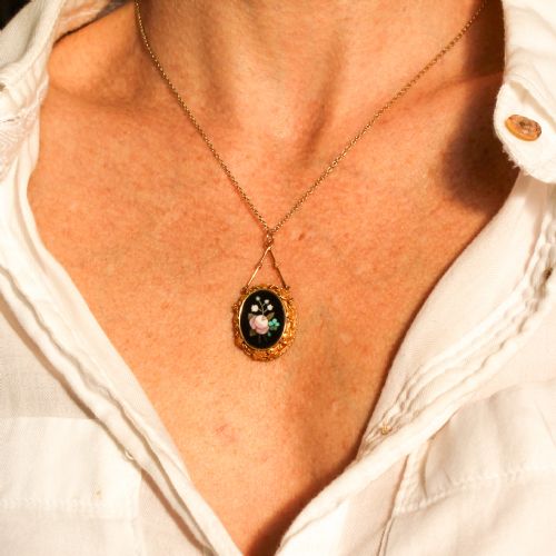 fig 1. Victorian Pietra Dura Floral Mosaic Pendant Necklace, circa 1880