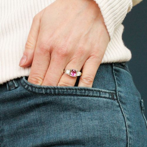 fig 1. Mid Century 0.96 Carat Pink Sapphire & Diamond Three Stone Ring, circa 1960