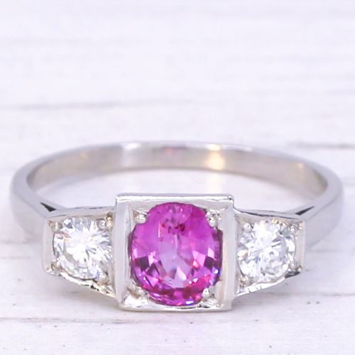fig 2. Mid Century 0.96 Carat Pink Sapphire & Diamond Three Stone Ring, circa 1960
