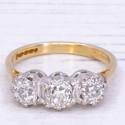 fig 2. 1.17 Carat Old Mine Cut Diamond Three Stone Ring, 18k Gold