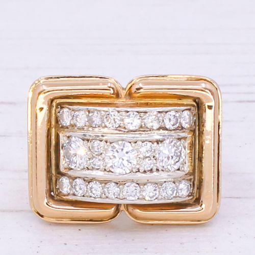 fig 2. A mid-century yellow gold cocktail ring featuring a geometric rectangular front set with three horizontal rows of brilliant-cut diamonds.