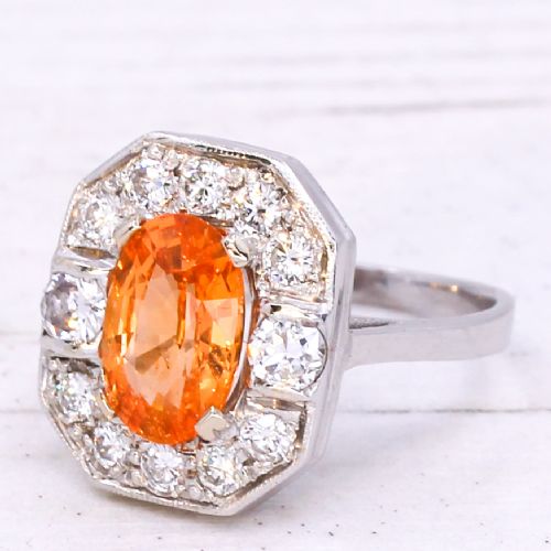 Mid Century 1.75 Carat Orange Sapphire & Diamond Cluster Ring, Circa 1960