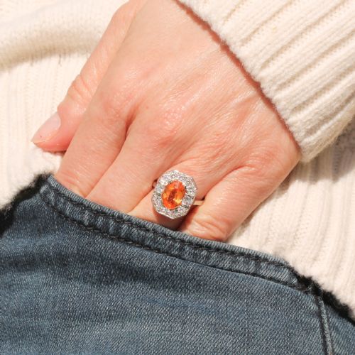 fig 1. Mid Century 1.75 Carat Orange Sapphire & Diamond Cluster Ring, circa 1960