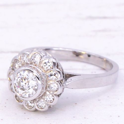 Mid Century 0.90 Carat Old Cut Diamond Cluster Ring, French, Circa 1955
