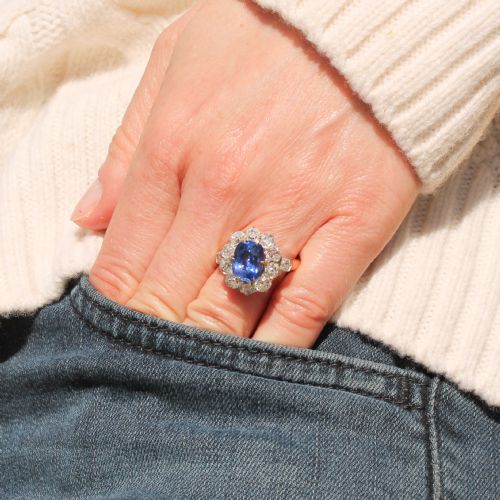 fig 1. Art Deco 4.49 Carat Sapphire & 2.76 Carat Old Cut Diamond Ring, circa 1935