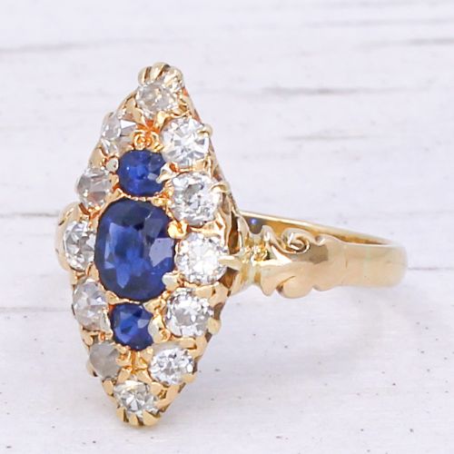 VICTORIAN NATURAL SAPPHIRE OLD CUT DIAMOND MARQUISE CLUSTER RING CIRCA 1900