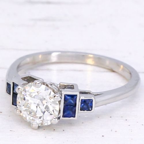 0.87 Carat Old Cut Diamond & Sapphire Engagement Ring, Platinum
