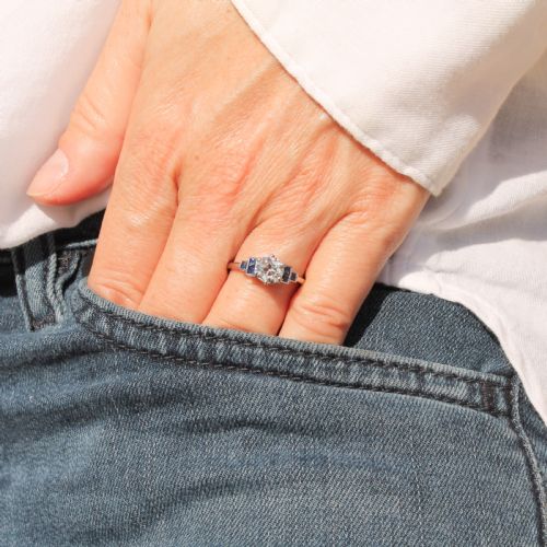 fig 1. 0.87 Carat Old Cut Diamond & Sapphire Engagement Ring, Platinum
