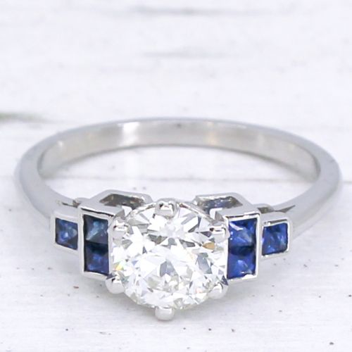 fig 2. 0.87 Carat Old Cut Diamond & Sapphire Engagement Ring, Platinum