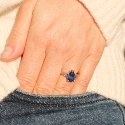 fig 1. Vintage 2.30 Carat Pear Cut Sapphire Solitaire Ring, circa 1955