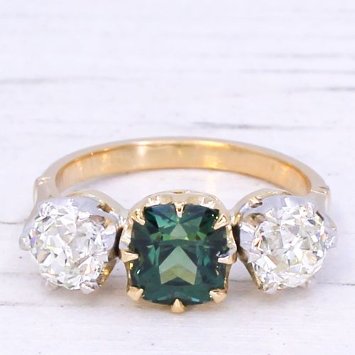 fig 2. Vintage 2.05 Carat Teal Sapphire & Old Cut Diamond Three Stone Ring, circa 1950