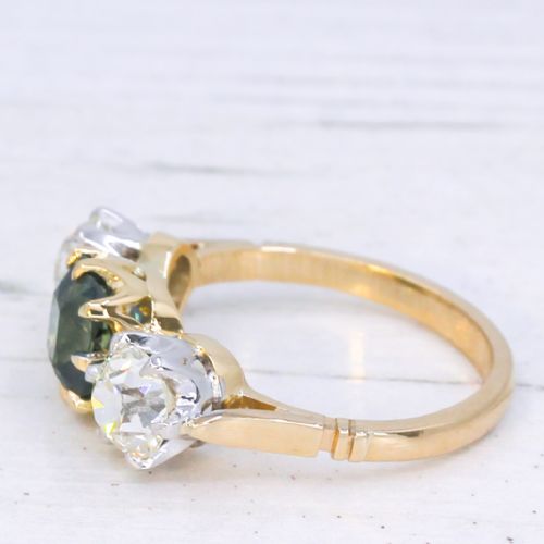 fig 3. Vintage 2.05 Carat Teal Sapphire & Old Cut Diamond Three Stone Ring, circa 1950