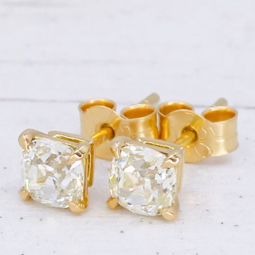 1.01 Carat Old Mine Cut Diamond Stud Earrings, 18k Gold