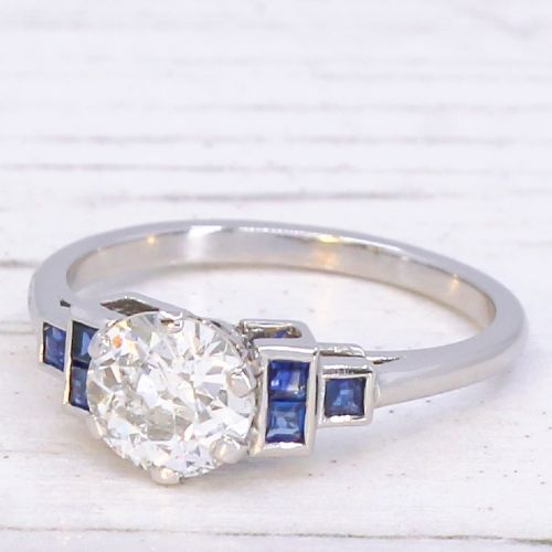 0.96 Carat Old Cut Diamond & Sapphire Ring, Platinum