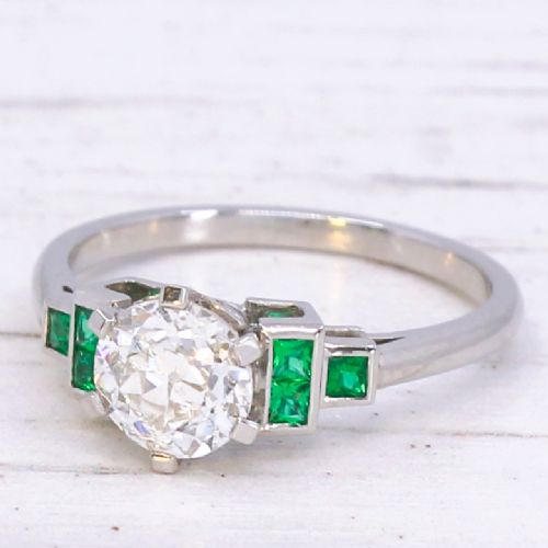 0.92 Carat Old Cut Diamond & Emerald Ring, Platinum