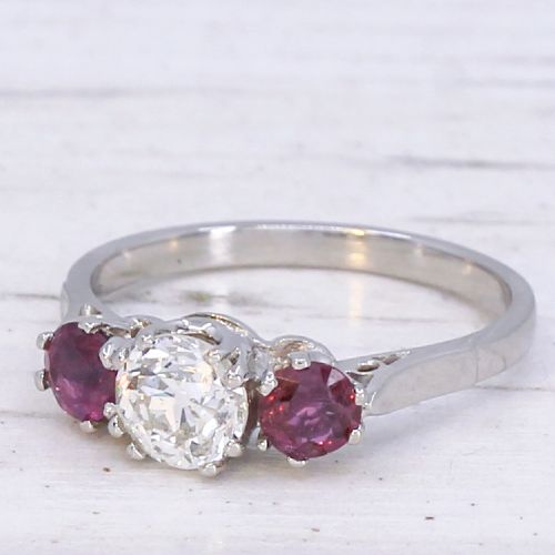 VINTAGE 066 CARAT OLD CUT DIAMOND RUBY THREE STONE RING CIRCA 1940