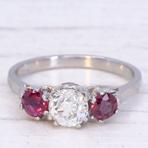 VINTAGE 066 CARAT OLD CUT DIAMOND RUBY THREE STONE RING CIRCA 1940 - ADDITIONAL PHOTO 2