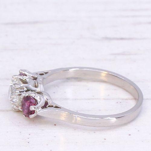 VINTAGE 066 CARAT OLD CUT DIAMOND RUBY THREE STONE RING CIRCA 1940 - ADDITIONAL PHOTO 3