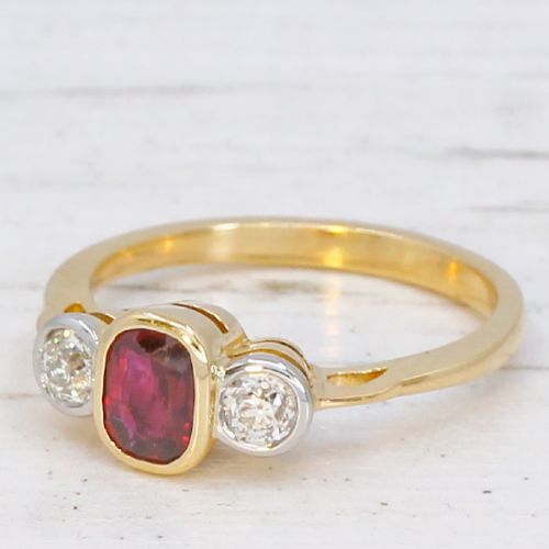 VINTAGE 068 CARAT RUBY OLD CUT DIAMOND THREE STONE RING CIRCA 1960