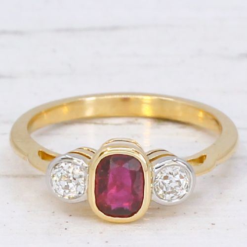 VINTAGE 068 CARAT RUBY OLD CUT DIAMOND THREE STONE RING CIRCA 1960 - ADDITIONAL PHOTO 2