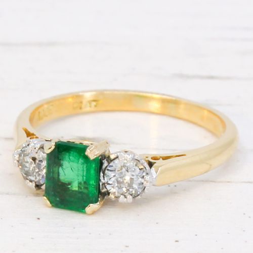 Vintage 0.79 Carat Emerald & Diamond Three Stone Ring