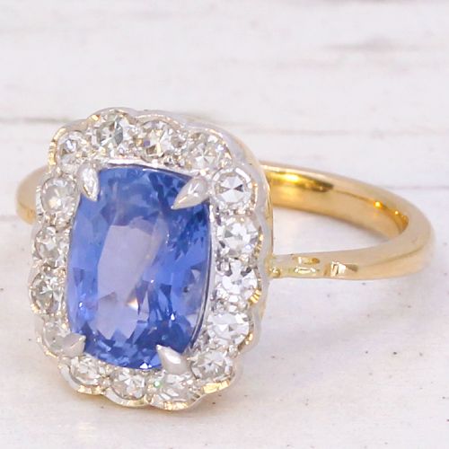 Vintage 3.25 Carat Ceylon Sapphire & Diamond Cluster Ring, circa 1935