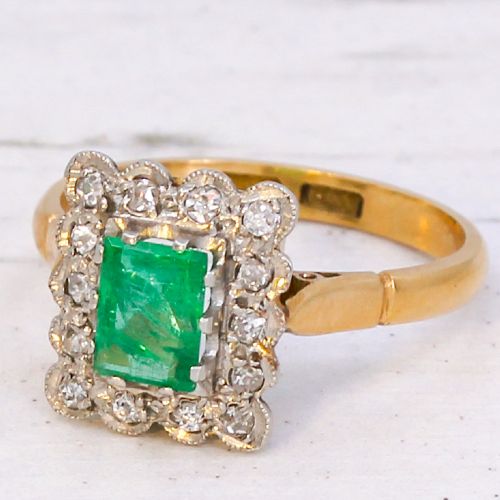 Antique 0.55 Carat Emerald & Old Cut Diamond Cluster Ring, circa 1915