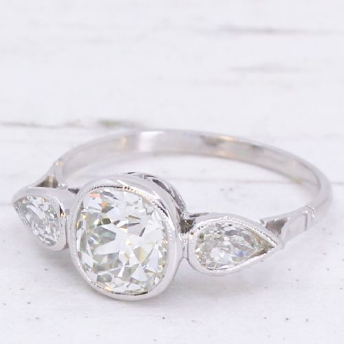 Antique 1.90 Carat Old Cushion & Old Pear Cut Diamond Ring, Circa 1930
