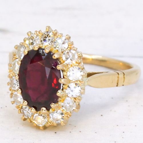 Vintage 1.77 Carat Unheated Ruby & Diamond Cluster Ring, Circa 1965