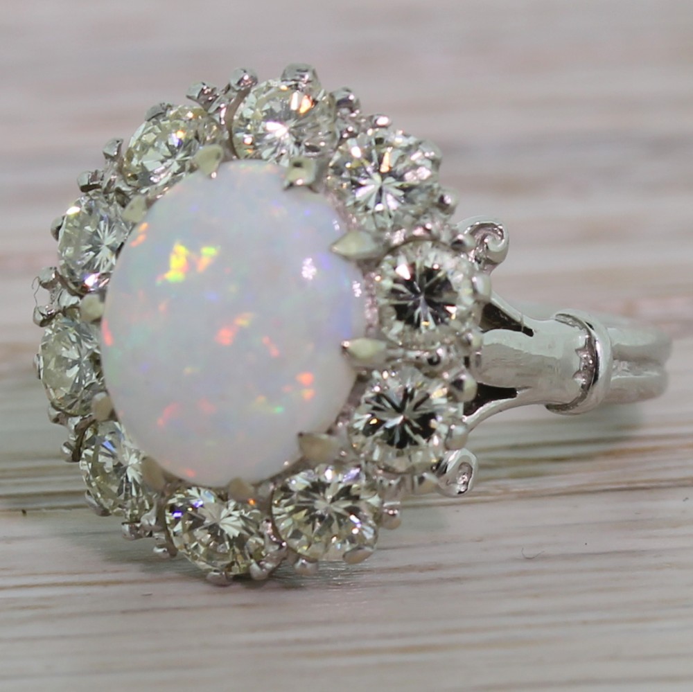 Mid Century White Opal & Diamond Flower Cluster, circa 1960

