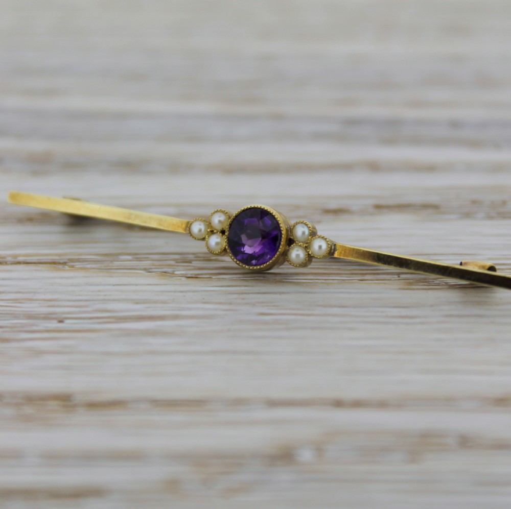 Victorian Amethyst & Pearl Bar Brooch, circa 1900
