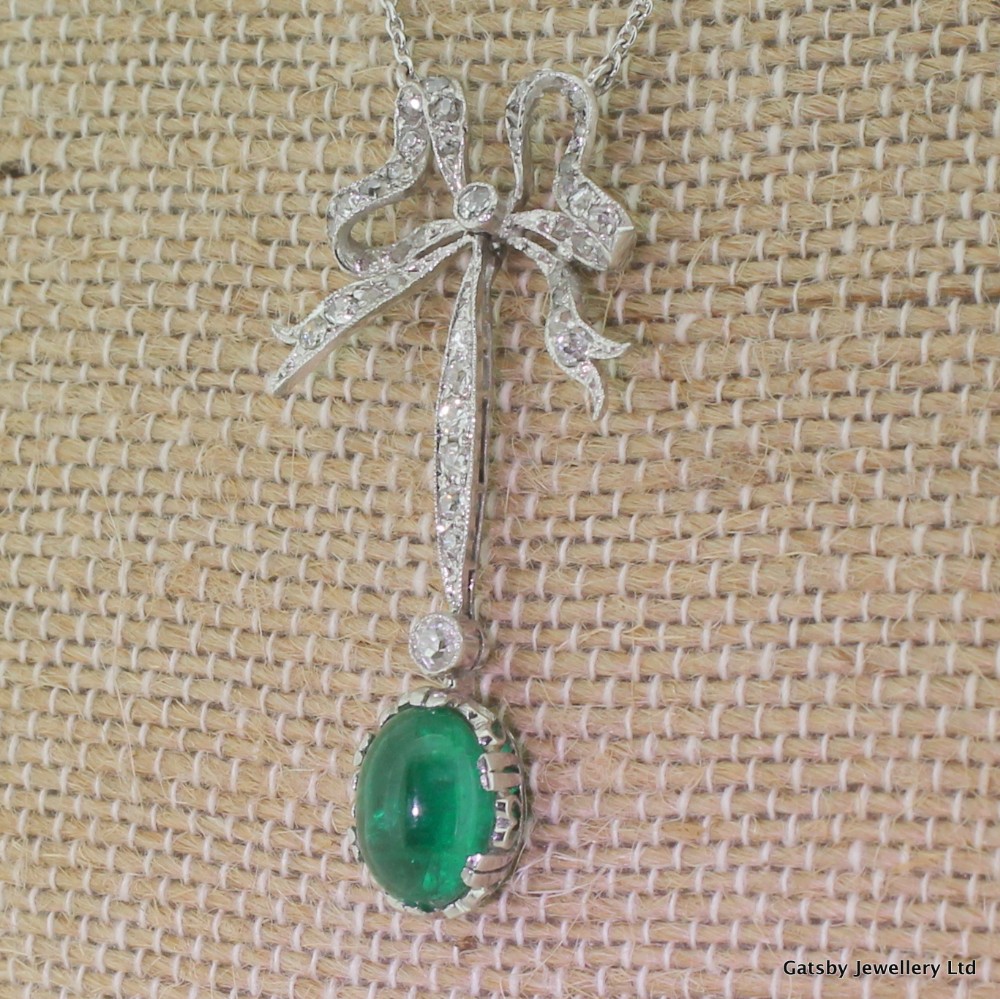 Edwardian Emerald & Old Cut Diamond Bow Necklace, Platinum, circa 1910
