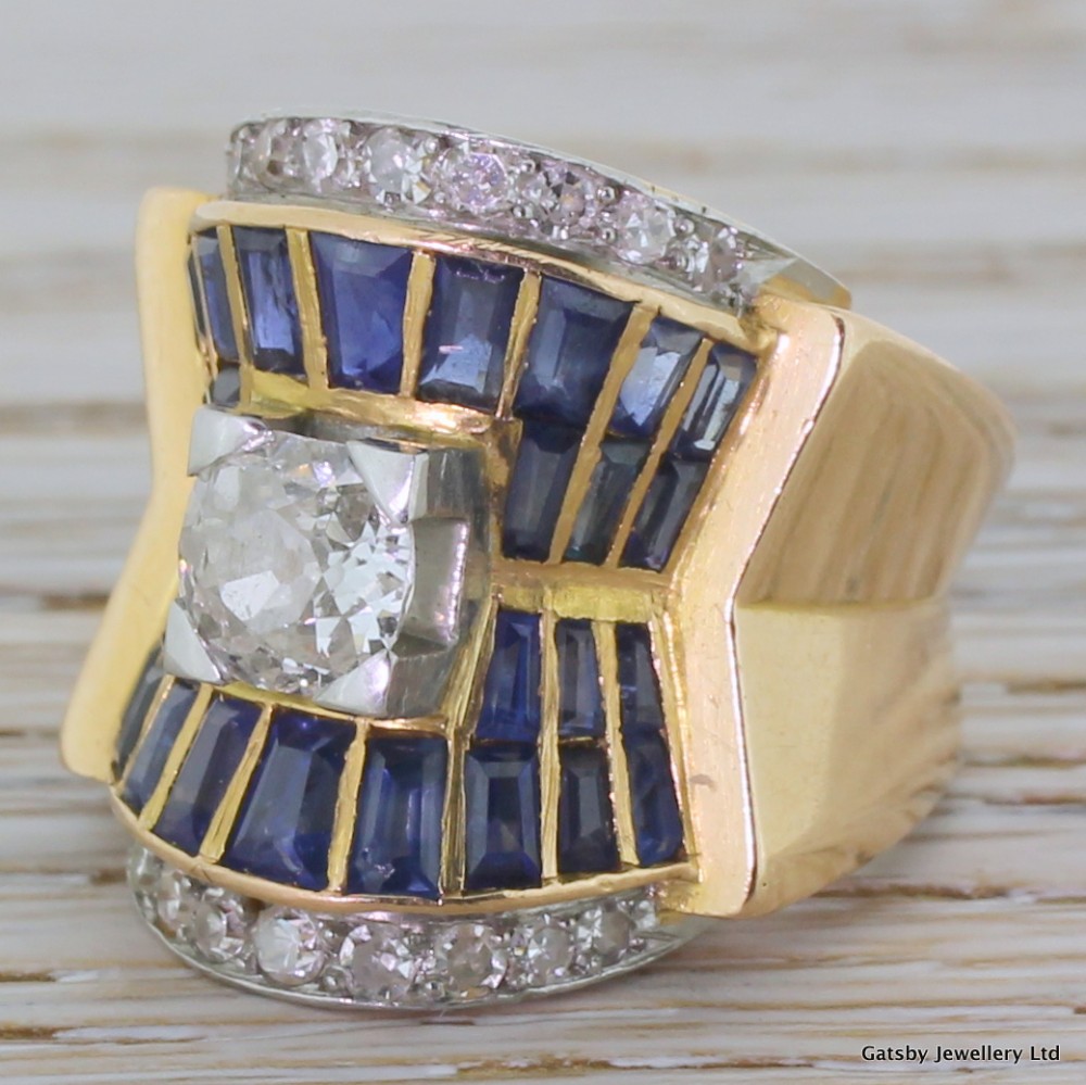 Art Deco Old Cut Diamond & Sapphire Egyptian Revival Ring, French, circa 1925
