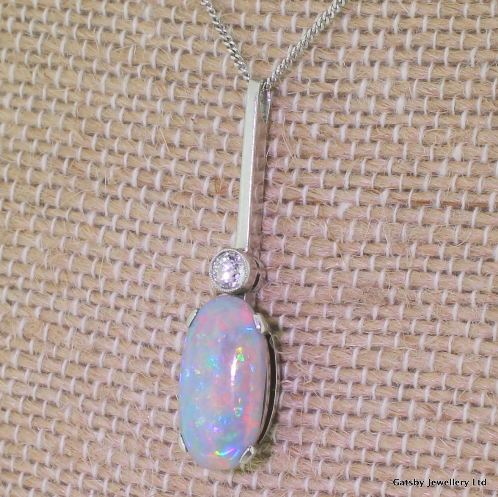 Art Deco Black Opal & Old Cut Diamond Pendant / Necklace, circa 1930
