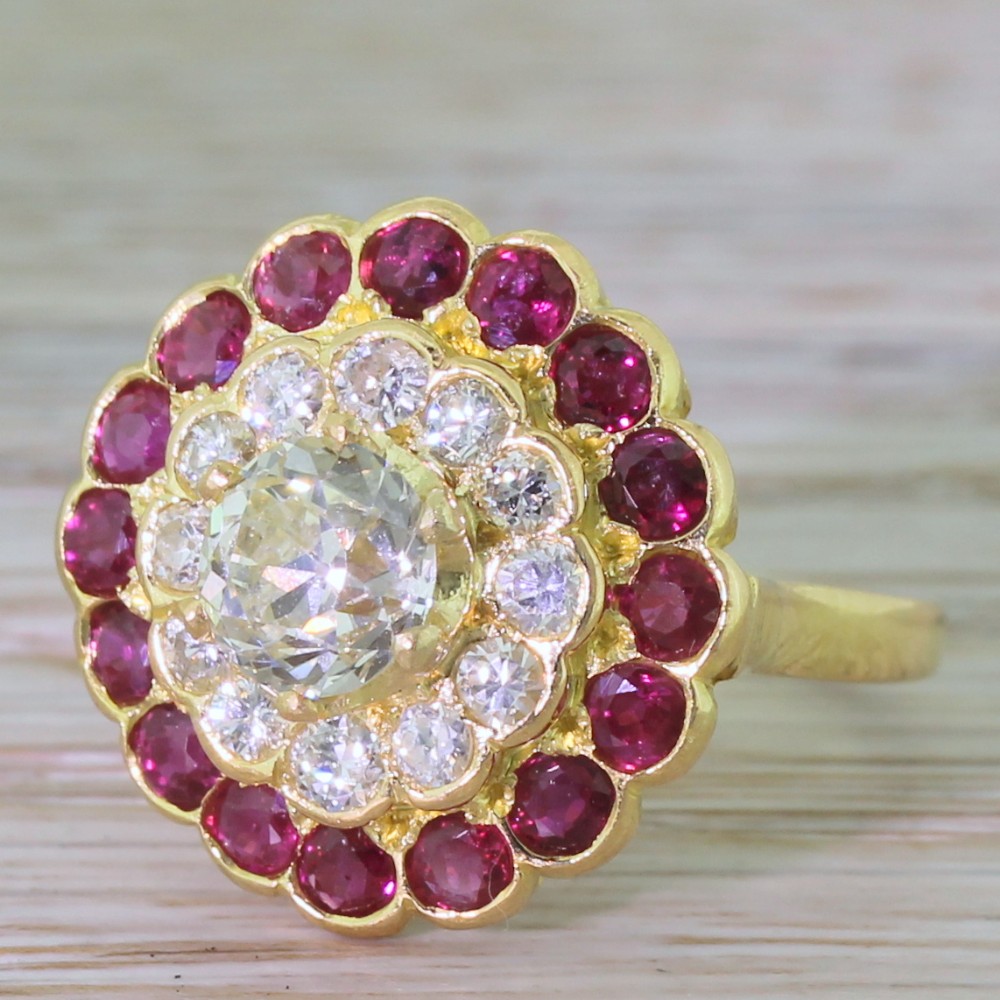 Art Deco 0.92 Carat Old Cut Diamond & Ruby Cluster Ring, French, circa 1935
